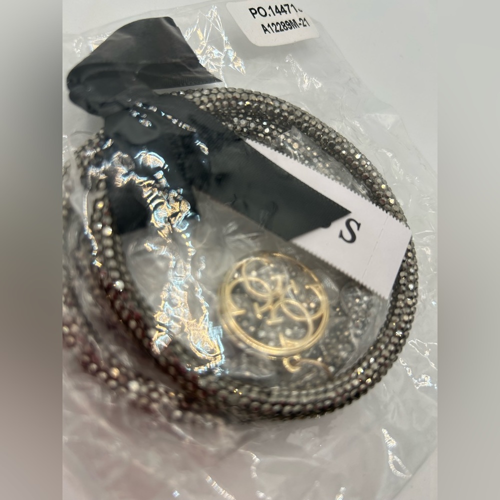 GUESS Black Rhinestone Bangle Bracelet with Logo Charm NWT